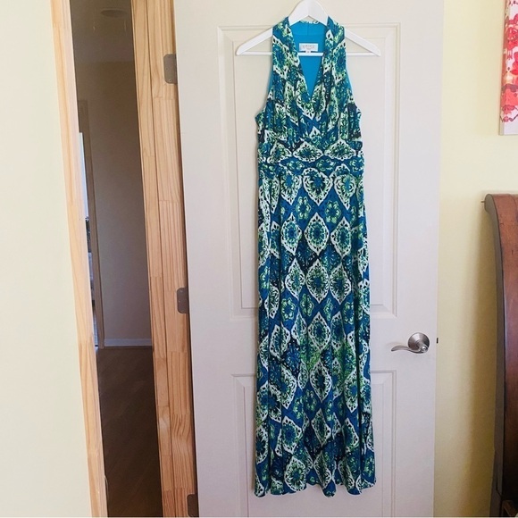 KASPER sleeveless column maxi dress in blue and green size 10 - Picture 3 of 12